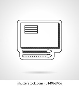 Flat line design vector icon for album for drawing and two paint brushes. School supplies and items. Set for creativity. Design elements for business and website