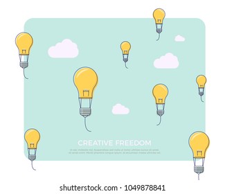 Flat line design vector illustration with flying lightbulbs like air balloons. Vector illustration for creativity freedom, innovation and imagination.