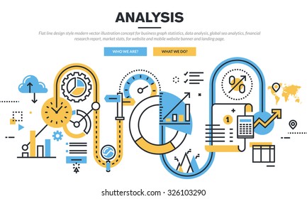 Flat Line Design Vector Illustration Concept For Business Graph Statistics, Data Analysis, Global Seo Analytics, Financial Research Report, Market Stats, For Website Banner And Landing Page.