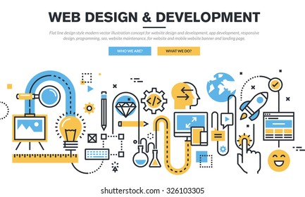 Flat line design vector illustration concept for website design and development, app development, responsive design, programming, seo, website maintenance, for website banner and landing page.