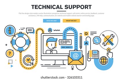 Flat line design vector illustration concept for technical support, call centre, online service, feedback, customer assistance, 24h help, communication, for website banner and landing page.