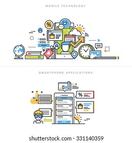 Flat line design vector illustration concepts for mobile technology, smartphone application, mobile website and app design and development, mobile phone services, for website banner and landing page.