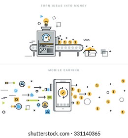 Flat line design vector illustration concepts for earning money online, mobile earning, business ideas, turning ideas into money, business consulting, mobile commerce, for website banner.