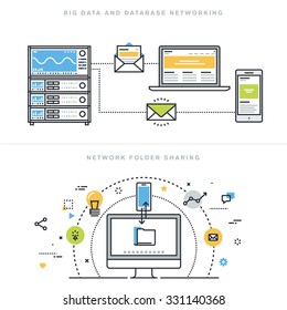 Conceptos de ilustración vectorial de diseño plano para redes de base de datos y grandes datos, uso compartido de carpetas de red, análisis de bases de datos, servidor de bases de datos, tecnología de red informática, para banner de sitio web.