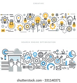 Flat line design vector illustration concepts for creative process workflow, marketing and design agency, website and app design and development, search engine optimization, for website banner.