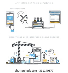 Flat line design vector illustration concepts for software API prototyping and testing for smartphone, app develop with API interface, smartphone interface building process, for website banner.