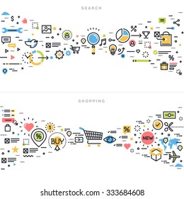 Flat line design vector illustration concepts for search results, seo, information finding, content analysis, shopping, e-commerce, retail shopping activity, for website banner and landing page.