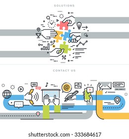 Flat line design vector illustration concepts for website banners for contact us and solutions web page, company contact information, business solutions and services, consulting, strategy and planning