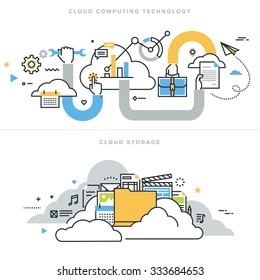 Flat line design vector illustration concepts for cloud computing technology, cloud storage, cloud solutions, security and availability, for website banner and landing page.