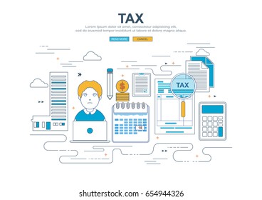 Flat line design vector illustration concept for business tax payment.Government, state taxes.Data analysis,paperwork,financial research,report. Businessman calculation tax return.Payment of debt.