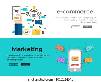 Flat line design of web banner template with outline icons of E-mail marketing service system, vector illustration concept for website or infographics.