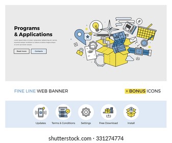 Flat line design of web banner template with outline icons of computer software update, mobile application services, download and install. Modern vector illustration concept for website or infographic