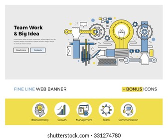 Platte lijn ontwerp van webbanner sjabloon met overzicht iconen van team werk management op groot idee, mensen organisatie van het opstartproces. Modern vectorillustratie concept voor website of infographics.