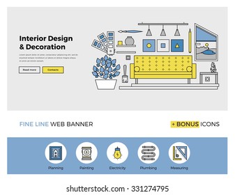 Flat line design of web banner template with outline icons of living room interior design and art, stylish home apartment decoration work. Modern vector illustration concept for website or infographic