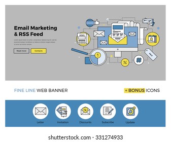 Flat line design of web banner template with outline icons of e-mail marketing service system, subscribe mail list for everyday updates. Modern vector illustration concept for website or infographics.