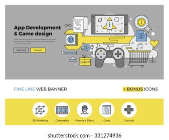 Flat line design of web banner template with outline icons of software application development, mobile OS game programming and testing. Modern vector illustration concept for website or infographics.