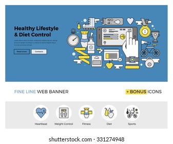 Flat line design of web banner template with outline icons of healthy lifestyle and diet control monitoring with mobile phone application. Modern vector illustration concept for website or infographic