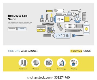 Flat line design of web banner template with outline icons of professional beauty salon services, makeup accessories and spa body care. Modern vector illustration concept for website or infographics.