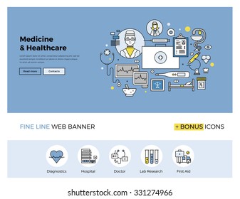 Flat line design of web banner template with outline icons of emergency medical services, hospitality in clinic, professional medicine. Modern vector illustration concept for website or infographics.