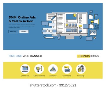 Diseño de línea plana de plantilla de banner web con iconos de esquema de la solución de marketing de medios sociales, publicidad en línea para promoción de marca. Concepto moderno de ilustración vectorial para sitios web o infografías.