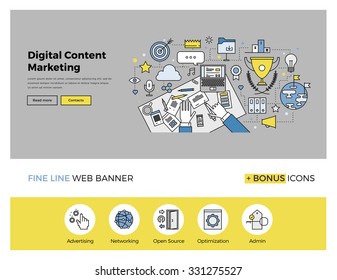 Flat line design of web banner template with outline icons of digital content marketing editor at work, business workflow online strategy. Modern vector illustration concept for website or infographic