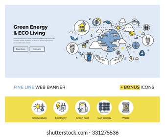 Flat line design of web banner template with outline icons of clean technology for green energy, saving planet, ecology care living. Modern vector illustration concept for website or infographics.