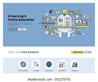 Flat line design of web banner template with outline icons of online education, internet study course, video lessons, distance learning. Modern vector illustration concept for website or infographics.