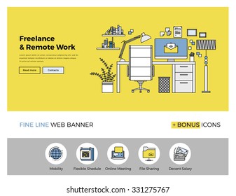 Flat line design of web banner template with outline icons of business freelance and outsource working service, remote co-working space. Modern vector illustration concept for website or infographics.