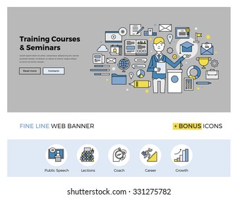 Flat line design of web banner template with outline icons of business mentor training course, online seminar, internet workshop service. Modern vector illustration concept for website or infographics