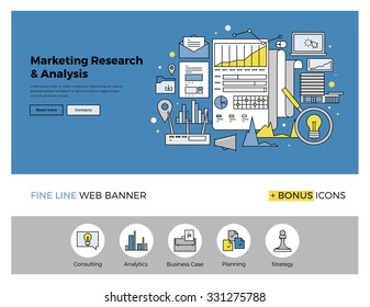 Flat line design of web banner template with outline icons of marketing research strategy, web business analytics, finance data analysis. Modern vector illustration concept for website or infographics