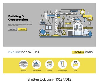 Flat line design of web banner template with outline icons of building industry construction process, urban architecture work progress. Modern vector illustration concept for website or infographics.