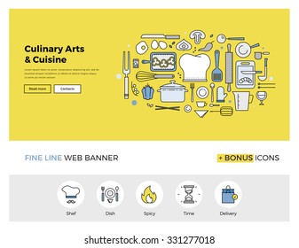 Flat line design of web banner template with outline icons of master class for culinary art cooking process, gourmet cuisine by chef. Modern vector illustration concept for website or infographics.