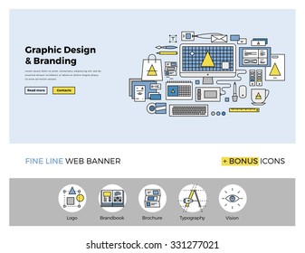 Flat line design of web banner template with outline icons of digital agency graphics services for company vision and brand development. Modern vector illustration concept for website or infographics.