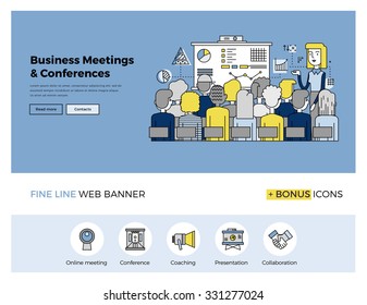 Flat Line Design Of Web Banner Template With Outline Icons Of Business People Training, Corporate Conference, Sales Meeting Presentation. Modern Vector Illustration Concept For Website Or Infographics