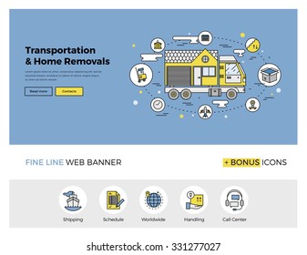 Flat line design of web banner template with outline icons of home relocation service, worldwide transportation assistance, moving house. Modern vector illustration concept for website or infographics