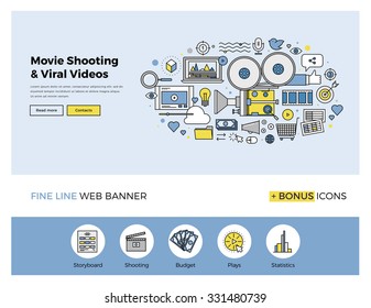 Flat line design of web banner template with outline icons of viral video marketing, movie shooting, professional TV studio production. Modern vector illustration concept for website or infographics.