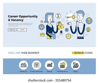 Flat line design of web banner template with outline icons of business people career opportunity, human resource hiring best candidate. Modern vector illustration concept for website or infographics. 