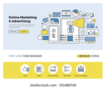 Diseño de línea plana de plantilla de banner web con iconos de esquema de promoción de marketing en línea, investigación de publicidad digital, campaña SMM. Concepto moderno de ilustración vectorial para sitios web o infografías.