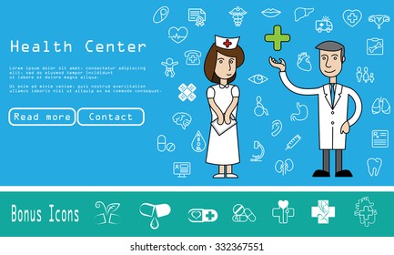 Flat line design of web banner template with outline icons of healthcare center. Modern vector illustration concept for website, banners or printed material.