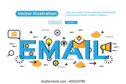 Flat line design of web banner template with outline icons of e-mail marketing service system, vector illustration concept for website or infographics.