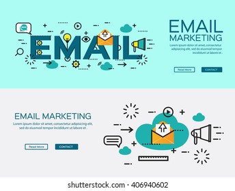 Flat line design of web banner template with outline icons of e-mail marketing service system, vector illustration concept for website or infographics.