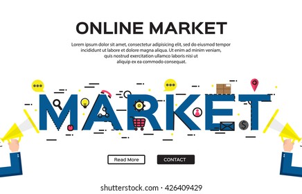 Flat line design of web banner template with outline icons of megaphone marketing, vector illustration concept for website or infographics.