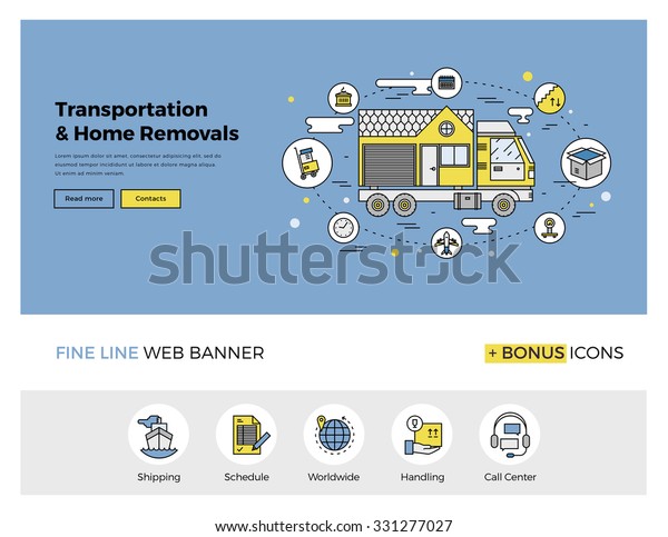 Flat line design of web banner template with\
outline icons of home relocation service, worldwide transportation\
assistance, moving house. Modern vector illustration concept for\
website or infographics