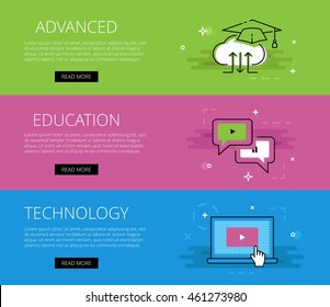 Flat line design web banners for educational services. Vector illustration concept for web design with call to action buttons, ready to use