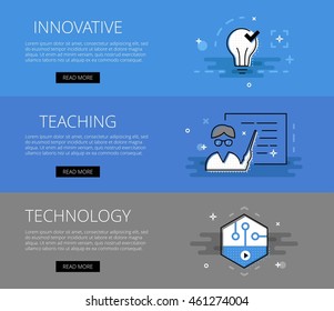 Flat line design web banners for educational sites. Vector illustration concept for web design with call to action buttons, ready to use