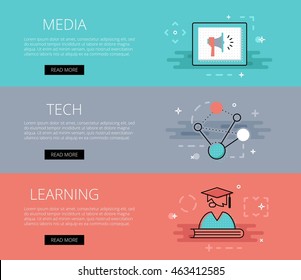 Flat line design web banners for educational sites. Vector illustration concept for web design with call to action buttons, ready to use