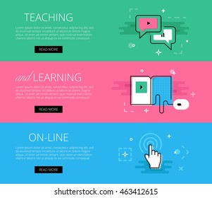 Flat line design web banners for educational sites. Vector illustration concept for web design with call to action buttons, ready to use