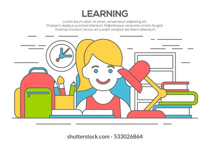 flat line design web banners for education, learning process, professional skills. Vector illustration concepts for web design, marketing, and graphic design. Concept of education of children.