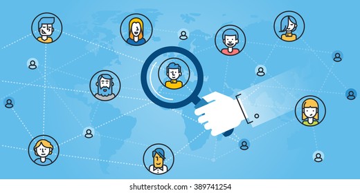 Flat line design website banner of networking, find the right person, searching people for the job, human resources. Modern vector illustration for web design, marketing and print material.