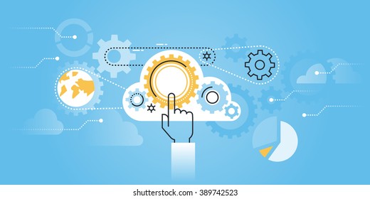 Flat Line Design Website Banner Of Cloud Computing Technology. Modern Vector Illustration For Web Design, Marketing And Print Material.